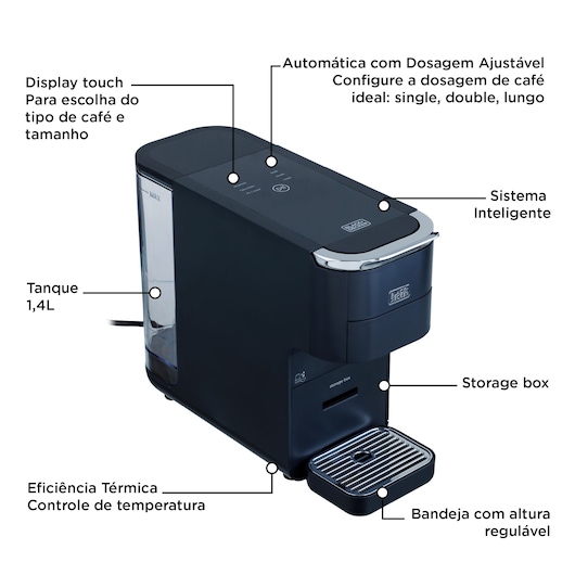 BLACKDECKER coffee machine with touch display, 1.4L tank, adjustable tray, smart system, storage box, thermal control.