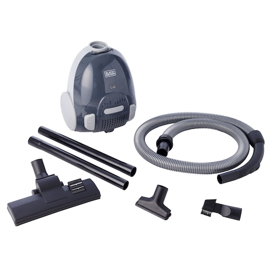 A BLACK+DECKER canister vacuum cleaner set with accessories, including the main vacuum unit, two extension tubes, a flexible hose, a floor nozzle, and additional small attachments, displayed on a white background.