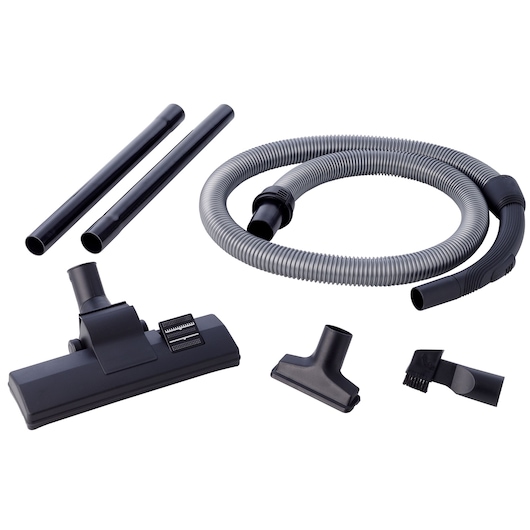 A set of vacuum cleaner accessories on a white background, including two black extension tubes, a flexible gray hose, a large floor nozzle, a smaller upholstery nozzle, and a small brush attachment.