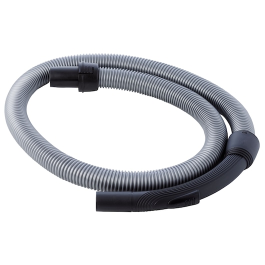 A coiled, flexible vacuum hose attachment in grey with black connectors, designed for use with BLACKDECKER equipment.