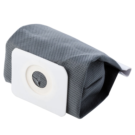 A close-up image of a gray, fabric vacuum cleaner dust bag with a white plastic attachment and circular opening.
