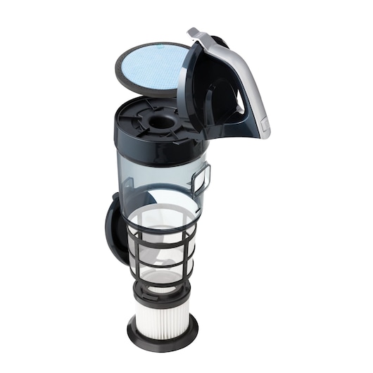BLACKDECKER vacuum cleaner filter assembly A7, transparent and black with open lid, photographed on white background.