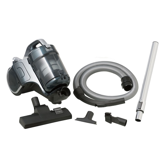 A Black+Decker canister vacuum cleaner with various attachments, including a flexible hose, a metal extension tube, a floor brush, and two smaller cleaning tools, all placed on a white background.