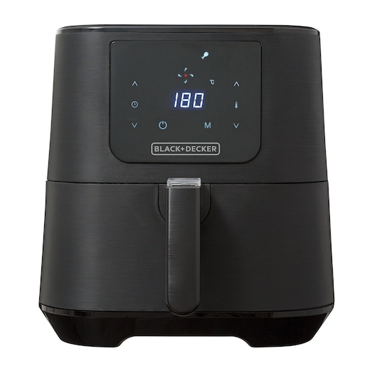 BLACK+DECKER ADF7Q black air fryer with digital control panel, photographed from the front on white background.