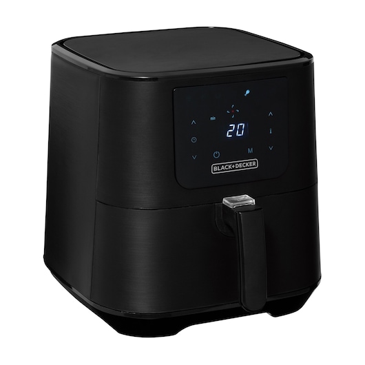 BLACK+DECKER ADF7Q black air fryer with digital touchscreen control panel, front angle on white background.
