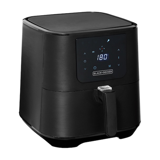 BLACK+DECKER ADF7Q air fryer with digital touch control panel, black finish, front angle on white background.