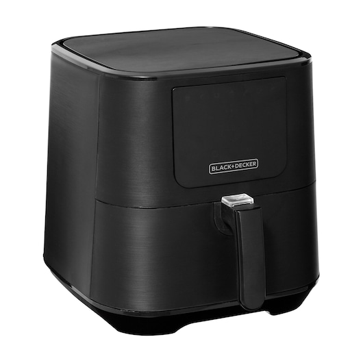 BLACK+DECKER ADF7Q black air fryer on white background, front angle, sleek square design with handle.