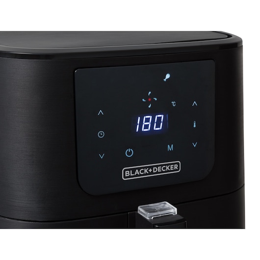BLACKDECKER ADF7Q air fryer digital control panel close-up with temperature display and illuminated buttons.