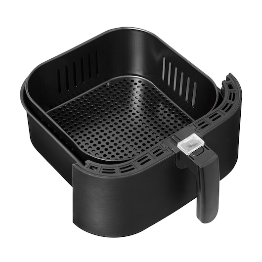 A close-up photo of a black air fryer basket with perforated holes and a handle, shown on a white background.