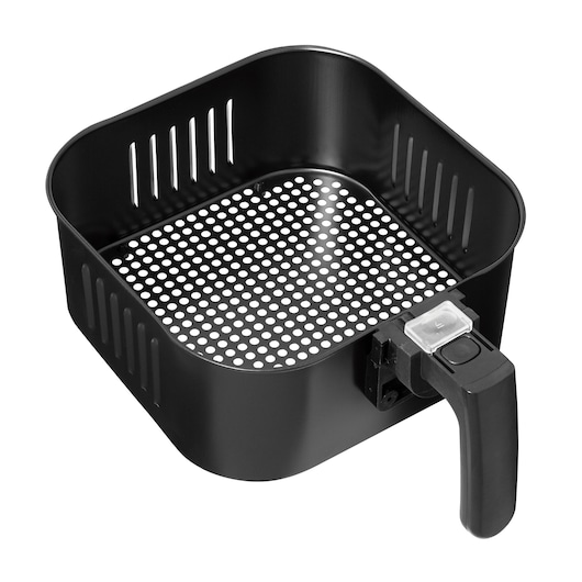 A black rectangular air fryer basket with a perforated bottom and a handle, shown against a white background.