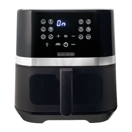 Photo of BLACK+DECKER AFDLG black air fryer front view, touch panel with preset icons and silver accent.