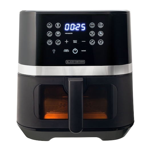 Photo of BLACK+DECKER AFDLG air fryer, black with digital control panel, front angle on white background.