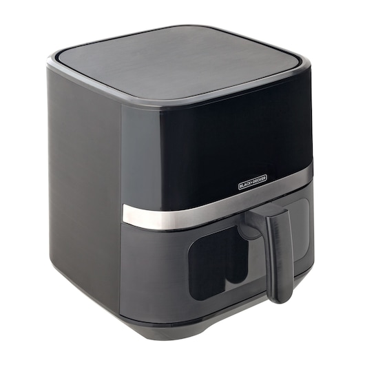 BLACKDECKER AFDLG black air fryer with silver accent, shown in three-quarter view on white background.