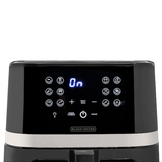 BLACK+DECKER AFDLG air fryer close-up, digital control panel with icons and display, front angle.