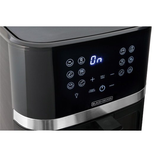 Photo of BLACK+DECKER AFDLG air fryer control panel with digital display and illuminated touch buttons, front angle.