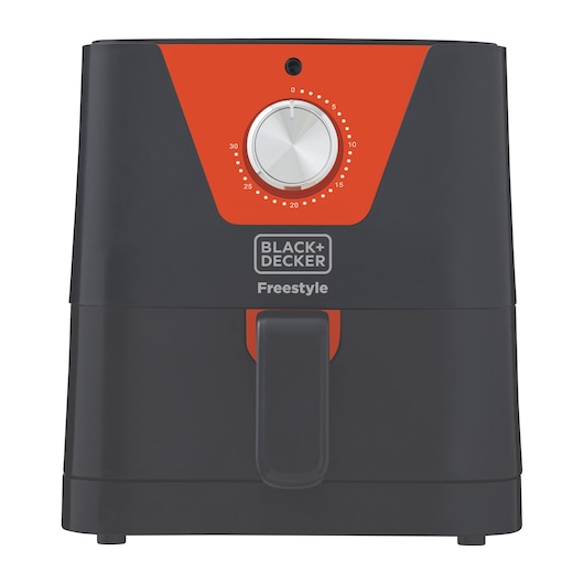 BLACK+DECKER AFM2_1 air fryer, matte black with orange accent, front view, manual timer dial.