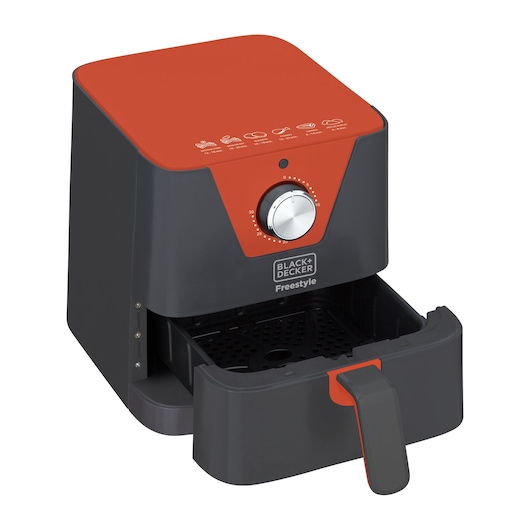 Photo of BLACK+DECKER AFM2_1 air fryer, matte black with red top, open basket, front angle on white background.