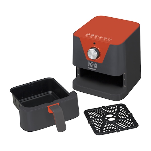 Photo of BLACKDECKER AFM2_1 air fryer with removable basket and rack, angled view on white background.