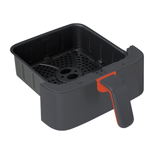 BLACKDECKER AFM2_1 air fryer basket, gray with orange accent, angled view on white background.