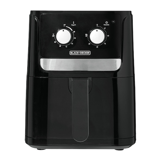 Photo of BLACK+DECKER AFM4 black air fryer with dual control knobs, front angle, white background.