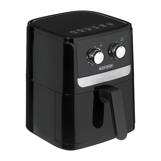 BLACK+DECKER AFM4 black air fryer with dual control knobs, angled view, white background.