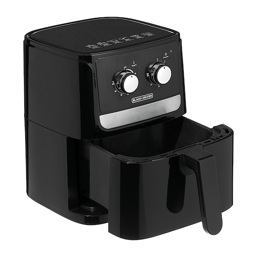 Photo of BLACKDECKER AFM4 black air fryer with dial controls and open basket, angled on white background.