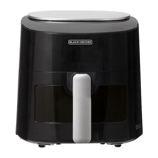 Photo of BLACK+DECKER air fryer AFMDV360, black with silver handle, front angle on white background.