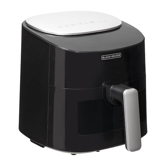 Photo of BLACK+DECKER AFMDV360 black air fryer with silver top and front handle, shown on white background.