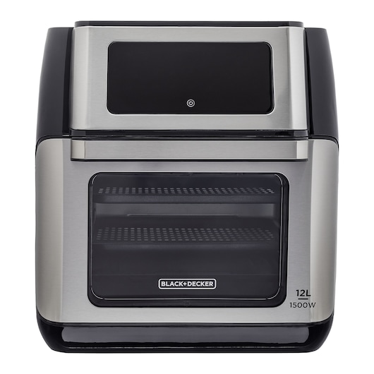 Photo of BLACK+DECKER stainless steel air fryer oven AFO12G, 12L capacity, 1500W, front angle on white background.