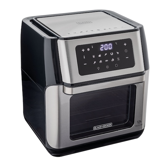 Photo of BLACK+DECKER AFO12G stainless steel air fryer oven, front angle, digital control panel, 12L capacity.