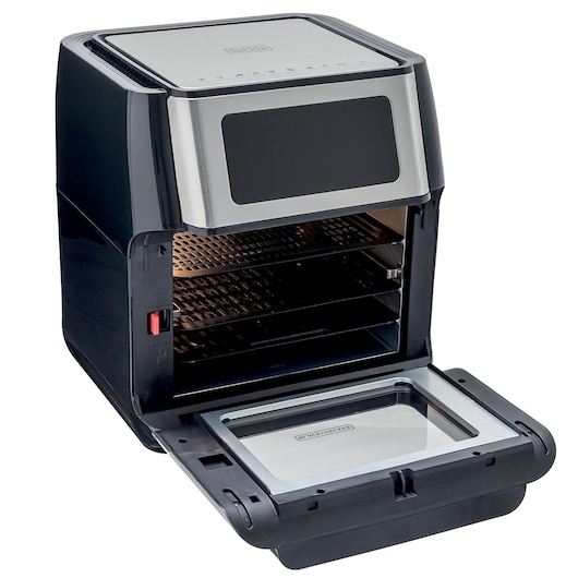 BLACKDECKER AFO12G countertop air fryer oven with stainless steel front, open door, three interior racks, front angle.