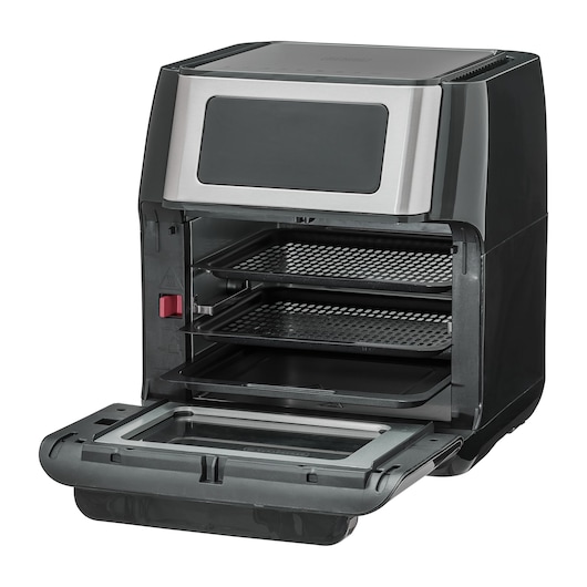 BLACKDECKER AFO12G countertop air fryer oven with stainless steel front, open door, two baking racks, angled view.