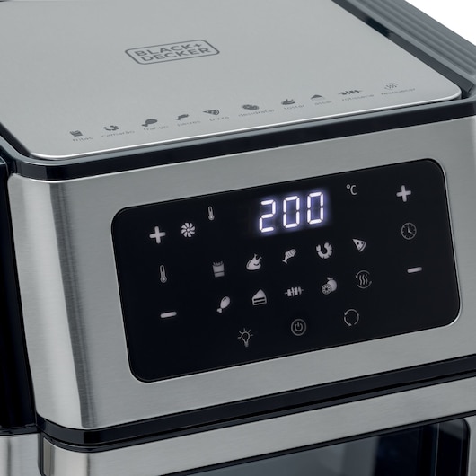 BLACK+DECKER AFO12G air fryer oven close-up, stainless steel, digital touch control panel showing 200°C.