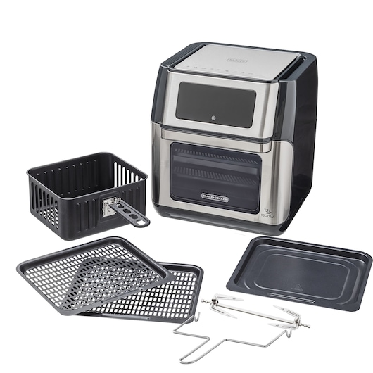 BLACKDECKER AFO12G air fryer oven with basket, baking tray, racks, and rotisserie accessories, front angle on white background.