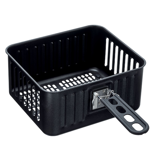 Black rectangular air fryer basket with a detachable handle and ventilation slots on the sides and bottom.