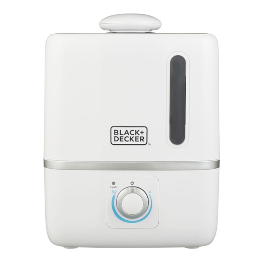Photo of BLACK+DECKER AIR1000 white air humidifier front view, showing control dial and water level window.