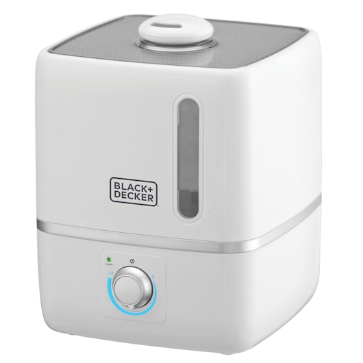 BLACK+DECKER AIR1000 white humidifier, cube shape, front control knob, water level window, front angle.