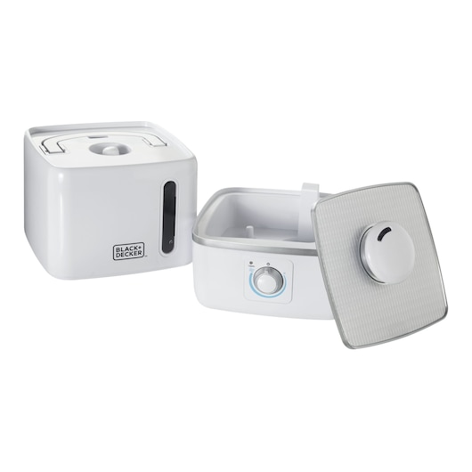 Photo of BLACK+DECKER AIR1000 white air humidifier with removable lid and control knob, front angle.