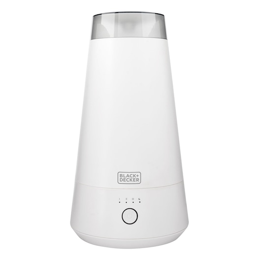 BLACKDECKER AIR2000N white air purifier front view on white background, featuring power button and indicator lights.