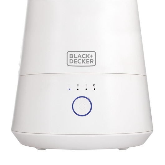 BLACK+DECKER AIR2000N humidifier front view, white body, power button and control indicators visible.