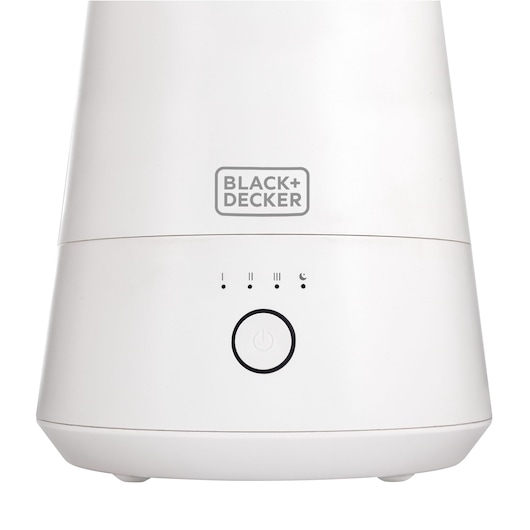 Photo of BLACK+DECKER AIR2000N air purifier front view with power button and control indicators on white background.