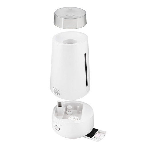Photo of BLACKDECKER AIR2000N white humidifier, exploded view showing tank, lid, and removable base with control panel.