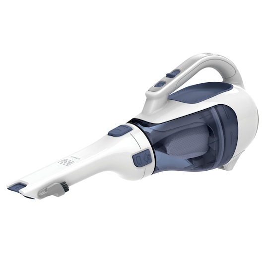 BLACK+DECKER APB12000 handheld vacuum, white with blue details, right side angle view on white background.