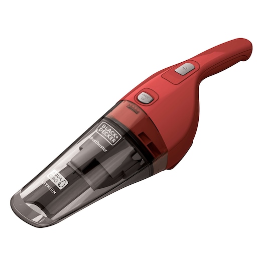 BLACKDECKER APB3600 red handheld vacuum cleaner front angle on white background, Dustbuster model.