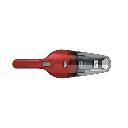 BLACKDECKER APB3600 red cordless handheld vacuum, top view, clear dustbin, white background.