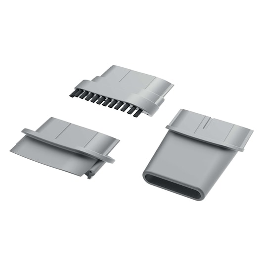 Three interchangeable gray plastic vacuum cleaner attachments shown on a white background. The set includes a brush tool, a flat nozzle, and an oval-shaped nozzle.
