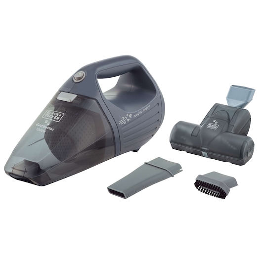 BLACK+DECKER APS1200PET handheld vacuum cleaner with three attachments, side view on white background.