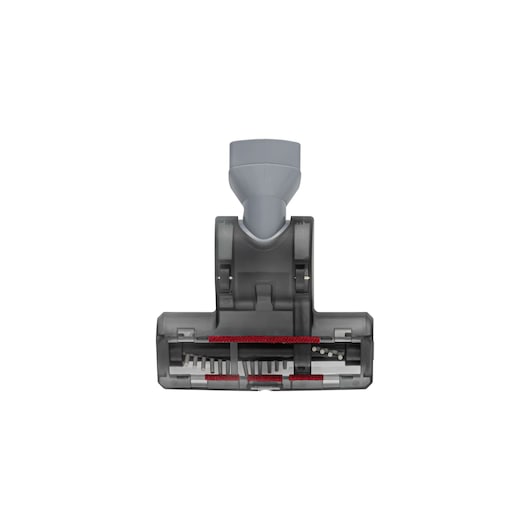 A close-up view of a vacuum cleaner brush attachment, showing the bristles and rotating mechanism. The attachment is grey with red accents, designed for pet hair removal.