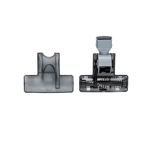 Two detachable vacuum cleaner brush heads are shown side by side. The left head shows a transparent cover, while the right head displays internal brush and roller components. Both parts are made of grey and black plastic.