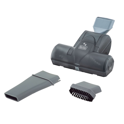 Three BLACK+DECKER vacuum cleaner accessories including a pet hair tool, a crevice nozzle, and a cleaning brush, all in gray color, displayed against a white background.